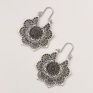 Lotus Etched Hollow Drop Hoop Vintage Earrings